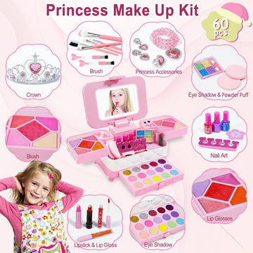 YasinKidz 60 in 1 Kids Makeup Kit, with 3-Color Led Makeup Mirror Real Washable Kids Makeup Sets for Girls 5-8, Perfect Girl Bir