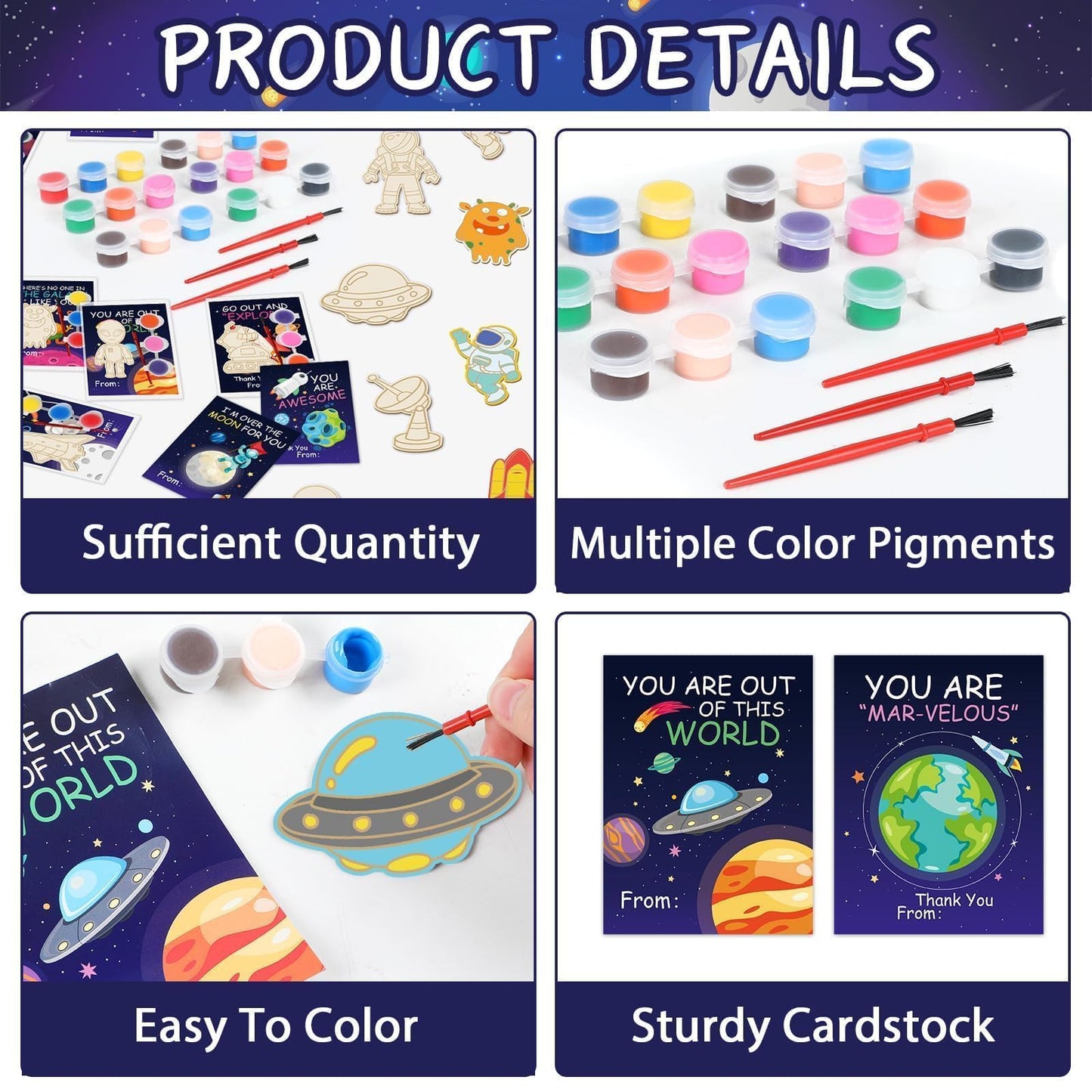 Justforjoyful 24Pcs Space Party Favors Space Cards with Art Supplies Outer Space DIY Wood Painting Craft Kits Astronaut Thank Yo