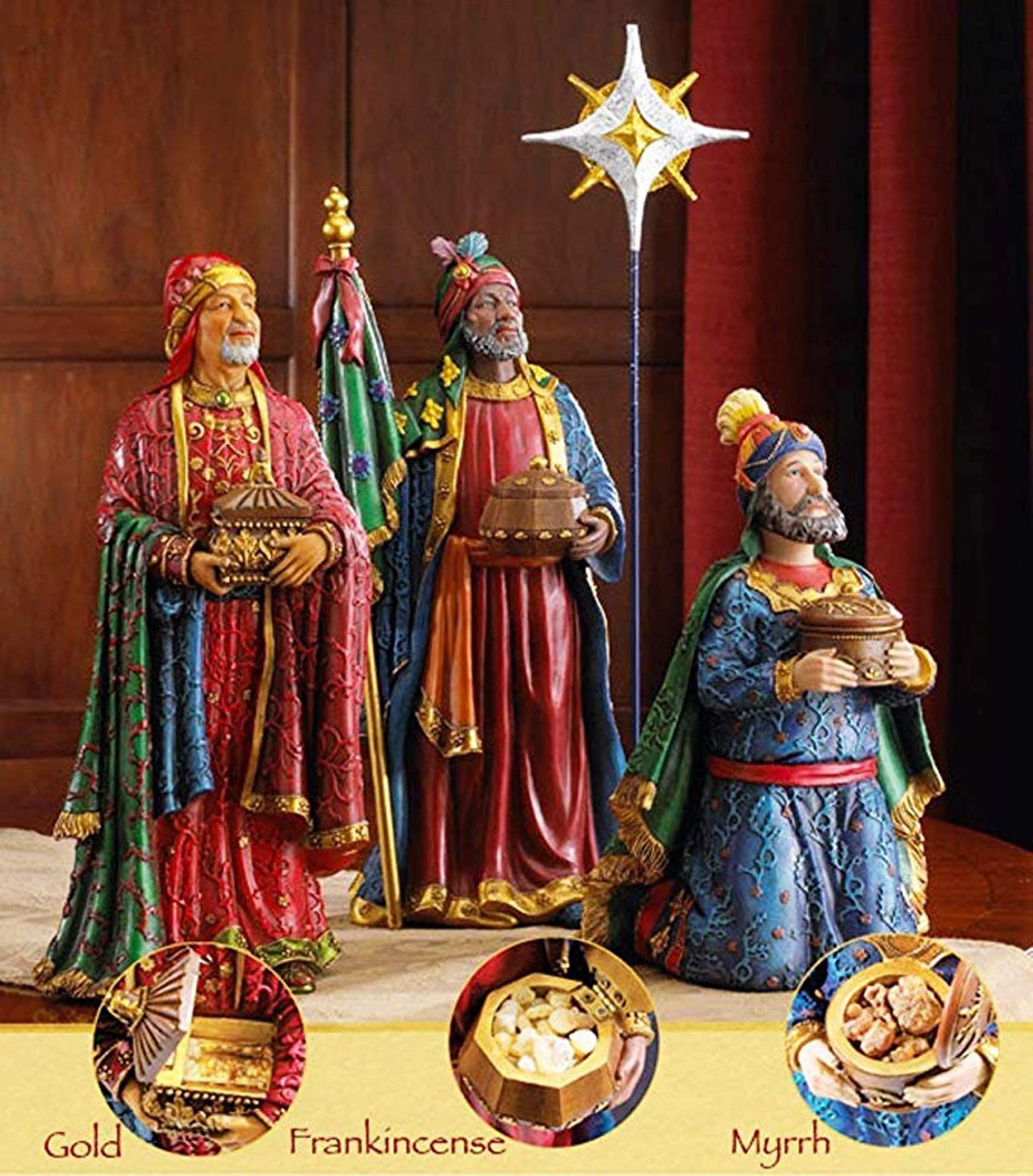 Nativity Scene Set With 11 Pieces - Magi, Angel, Shepherds, Jesus, Real Gold Trunk