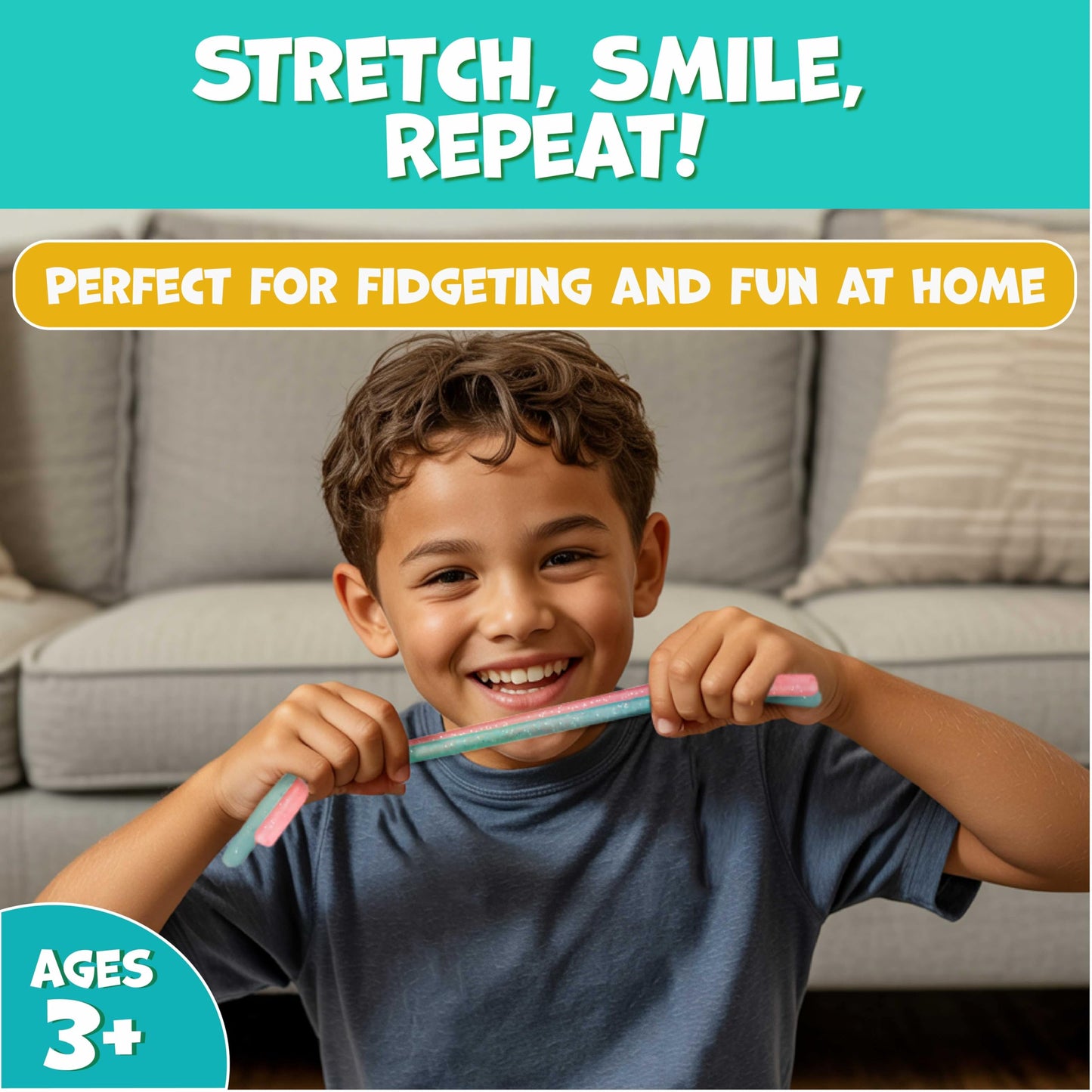 BUNMO Sensory Toys Stretchy Strings for Toddlers 3+ - Stimulating & Addictive Fidget Toys for Kids - Hours of Fun for Kids - Non-Mouthable Toy 3+ - Glitter 6 Pack