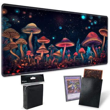 For Mtg Playmat Tcg Board Game Mat Plus 50 Pcs Card Sleeves, 24 X 14 Table Mats Neon Mushroom Game Mousepad With Soft Surface No