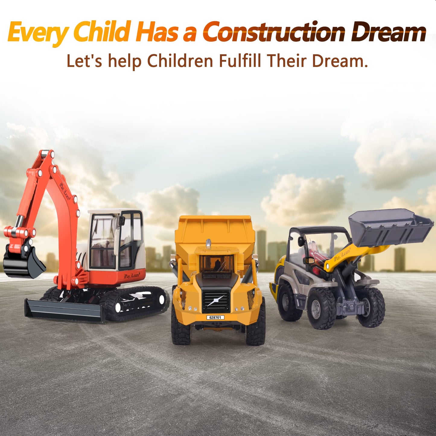 iPlay, iLearn Heavy Duty Construction Playset - Metal Dump Truck, Excavator, Bulldozer, Medium, Gold, Model QL-EUHW-CGJQ