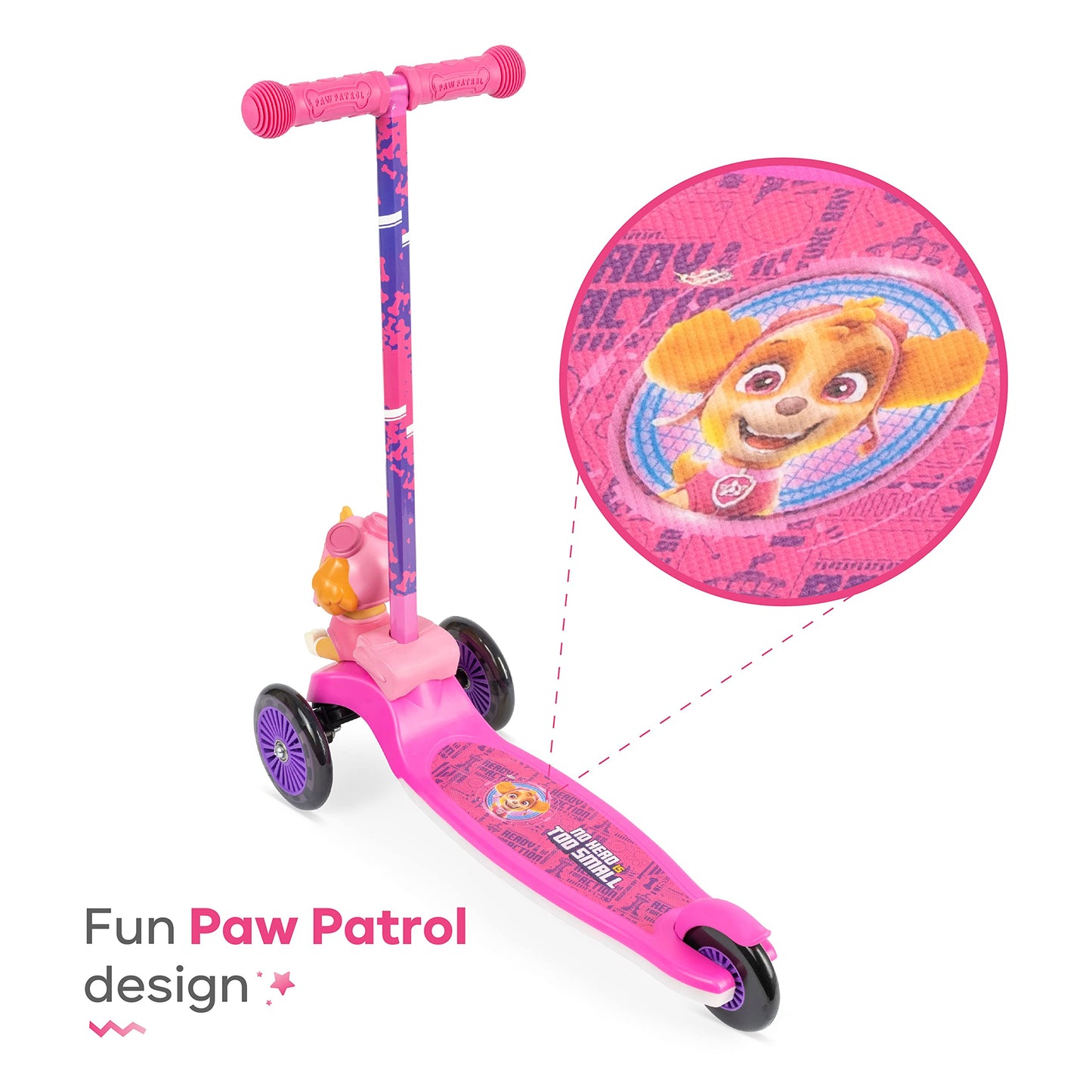 Paw Patrol Skye Kick Scooter For Kids, Self-Balancing 3 Wheeled Light Up Scooter With Extra Wide Anti-Slip Deck, Rear Brake, Lea