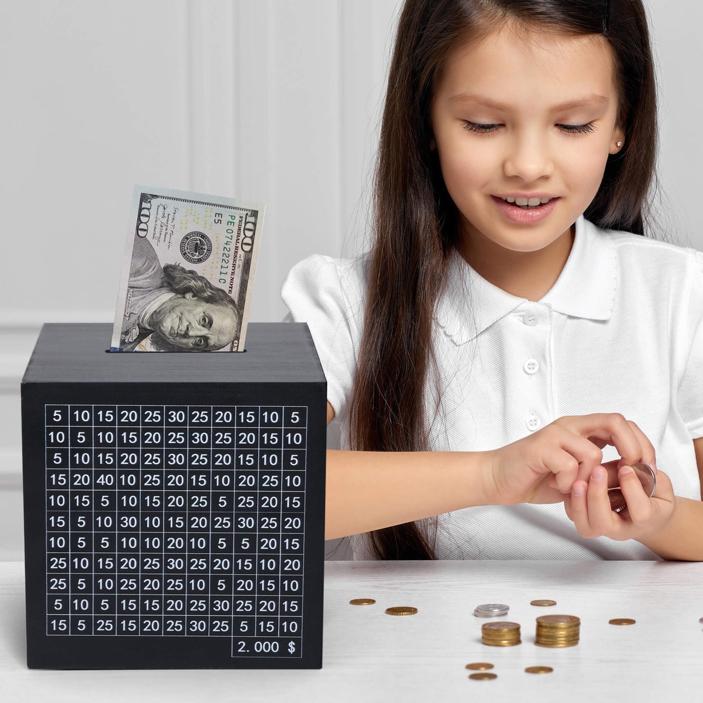 HCHANGEN Wooden Savings Challenge Box for Adults Kids, Wood Coin Piggy Bnak, Must Break to Open Money Box with Counter (Black, 4