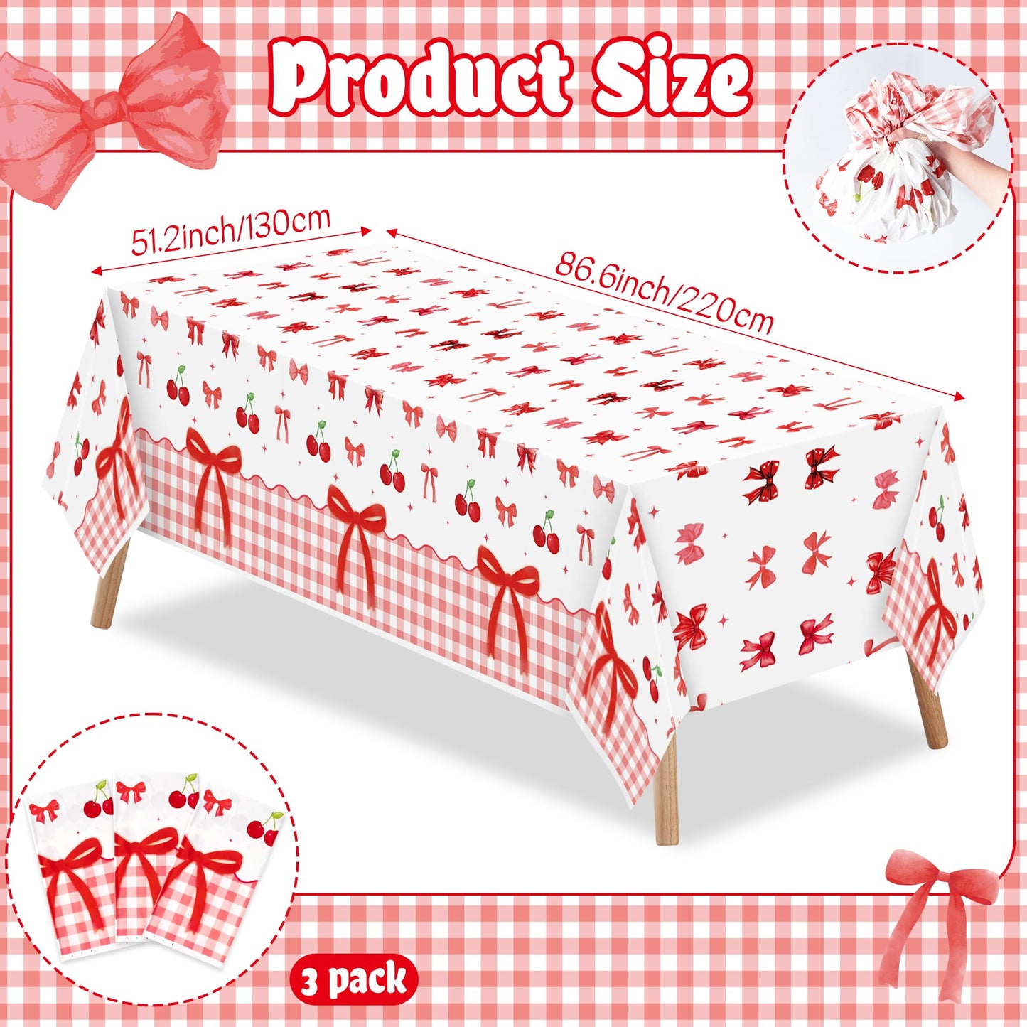 ArianQicult 3Pcs Bow Party Tablecloths - Red Cherry Party Table Covers Decorations Coquette Bow Rectangular Plastic Disposable T