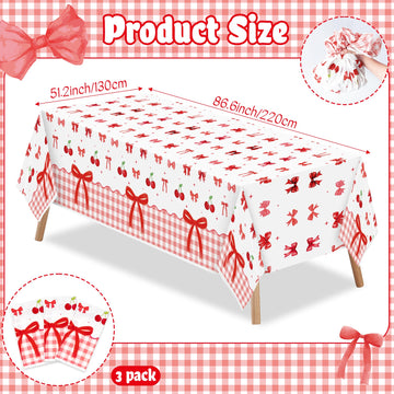 ArianQicult 3Pcs Bow Party Tablecloths - Red Cherry Party Table Covers Decorations Coquette Bow Rectangular Plastic Disposable T