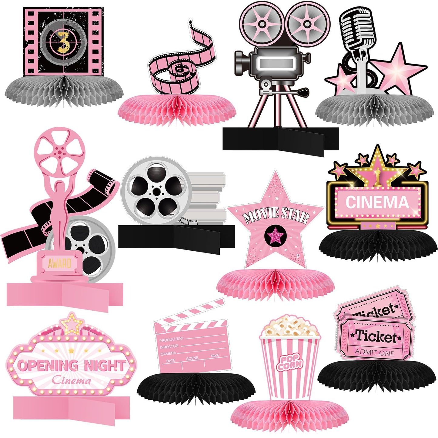 Chinco 12 Pcs Movie Honeycomb Centerpiece Movie Night Party Decoration Microphone Ticket Star Video Paper Centerpiece Sign Movie