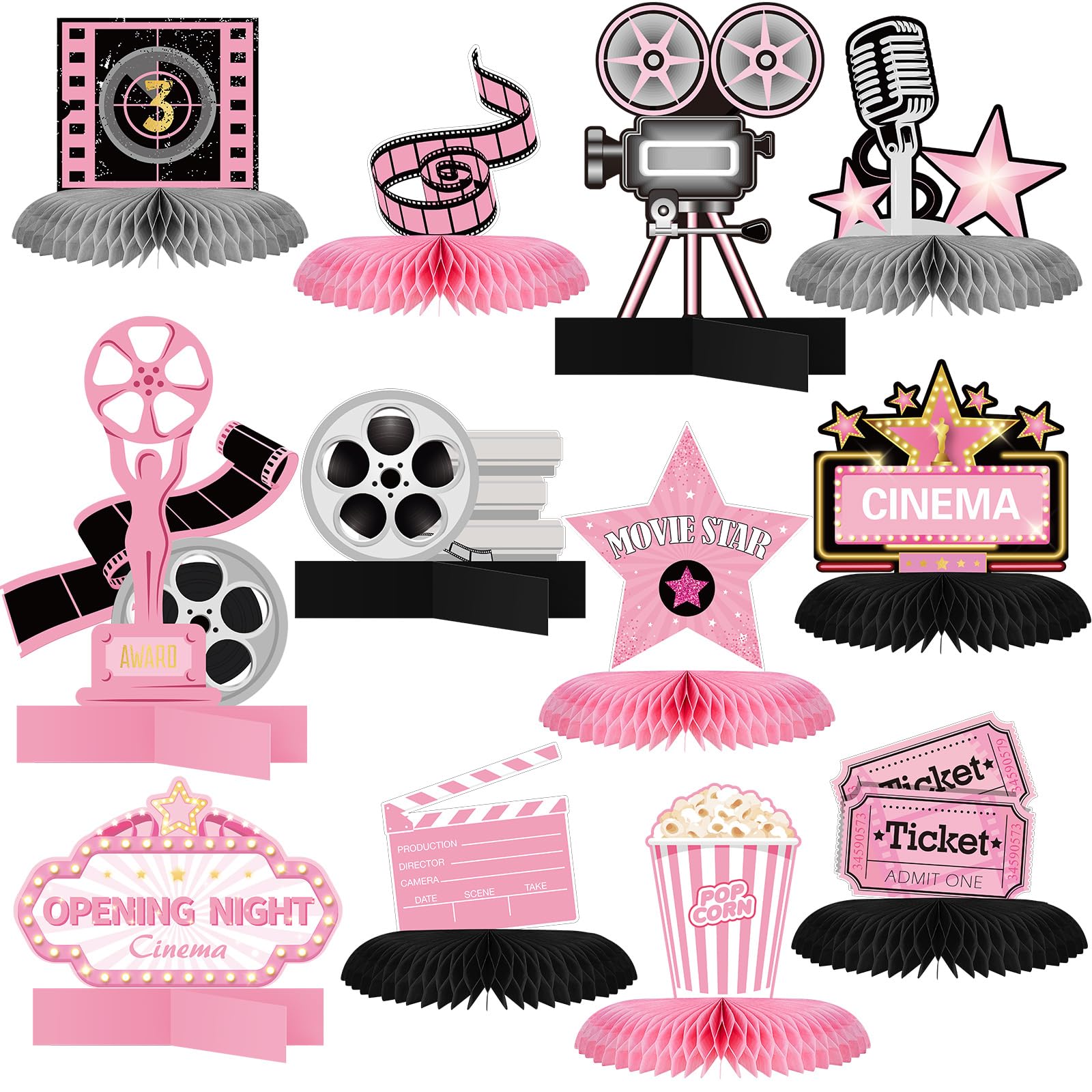 Chinco 12 Pcs Movie Honeycomb Centerpiece Movie Night Party Decoration Microphone Ticket Star Video Paper Centerpiece Sign Movie
