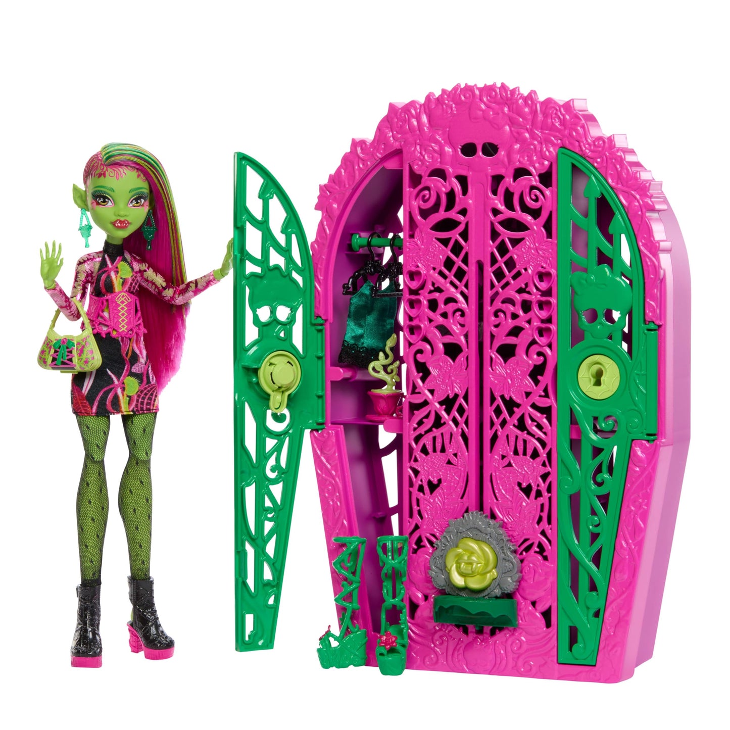 Monster High Skulltimate Secrets Doll & Accessories Set, Garden Mysteries Venus Mcflytrap With Reveal Closet & 19+ Tea Party Sur