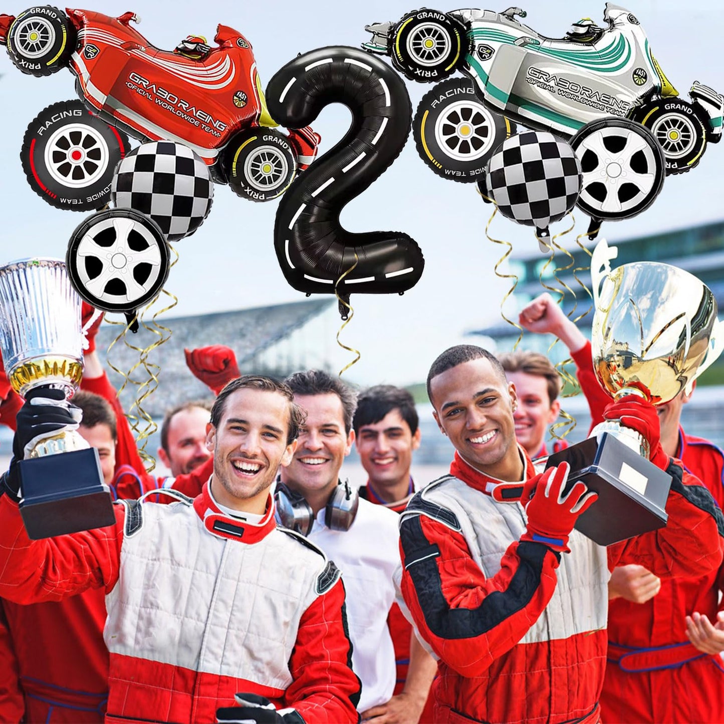 Number 2 Race Car Balloons, 43 Inch Race Car Party Decorations, Wheel Tire Balloons, Black And White Checkered Foil Balloons, Ca