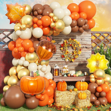 Fall Party Decoration Balloon Arch Kit, Orange Burgundy Brown Beige White Balloons With Maple Leaves Pumpkin Foil Balloons Garla