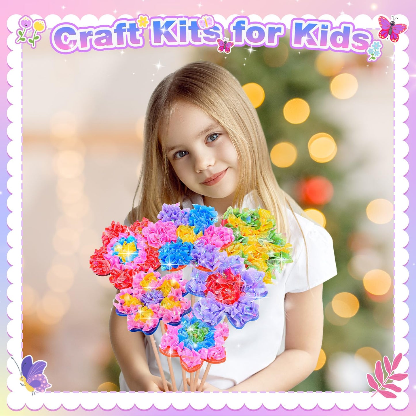 Toys for 4 5 6 7 8+ Year Old Girls, Poke-in Art Flower Bouquet with 8 Flowers & 2 Butterflies Arts and Crafts for Girls Ages 4-1