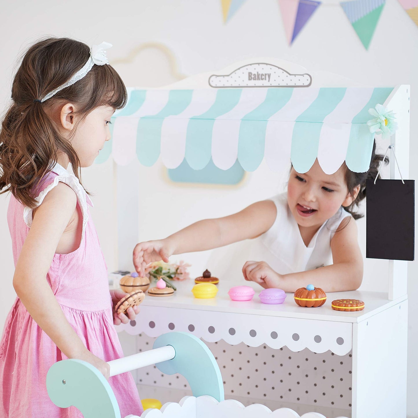 Teamson Kids My Dream Bakery Shop Dessert Stand And Rolling Pastry Cart Interactive Wooden Play Set With 18 Pretend Baked Goods,
