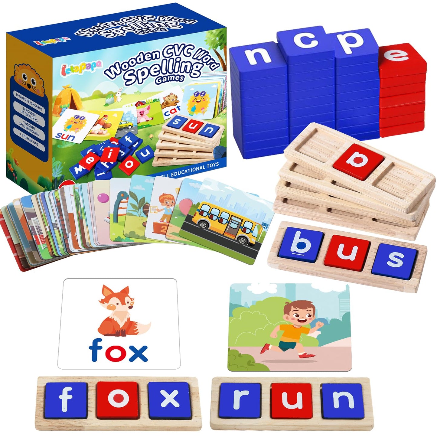 Letapapa CVC Word Educational Toy - Spelling Games & Sight Words Flash Cards for Preschool Kids (3-6 Years) - Montessori Learning Activities