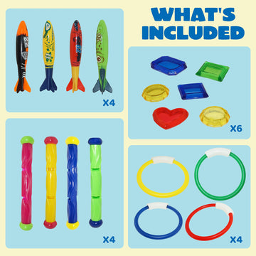 Joyin 18Pcs Diving Pool Toys For Kids, Swimming Pool Toy With Storage Bag Includes 4 Pool Rings, 4 Diving Sticks, 4 Bandits, 6 Treasures Underwater Swim Pool Games For Ages 8-12