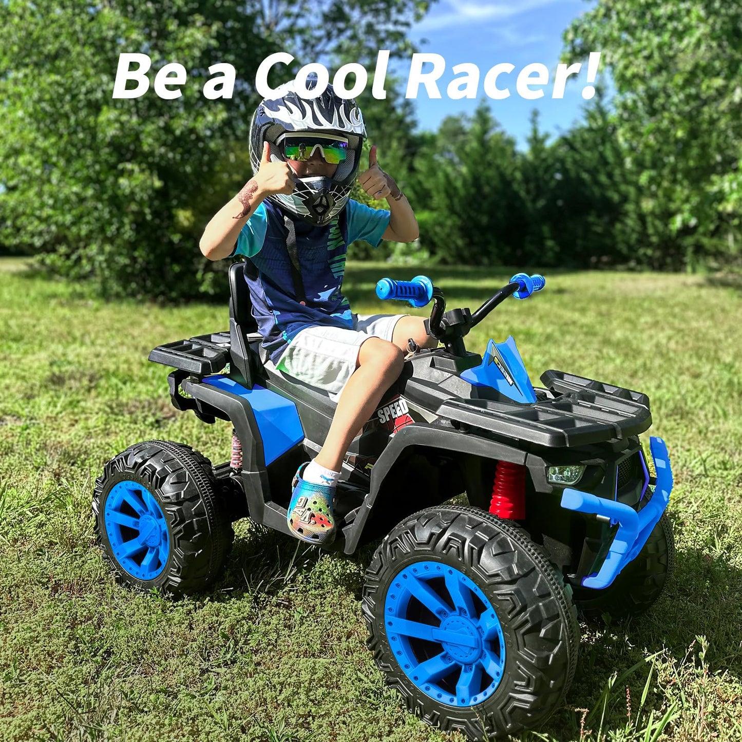 Hikiddo 12V Kids 4 Wheeler Atv, 2-Seater Electric Atv Four Wheeler For Big Kids With Bluetooth, 14.4'' Big Wheels - Blue