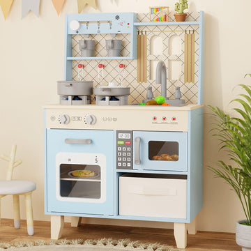 Bierum Play Kitchen With Realistic Lights & Sounds, Wooden Kitchen Playset Chef Pretend Play Set For Toddlers, Toy Kitchen With