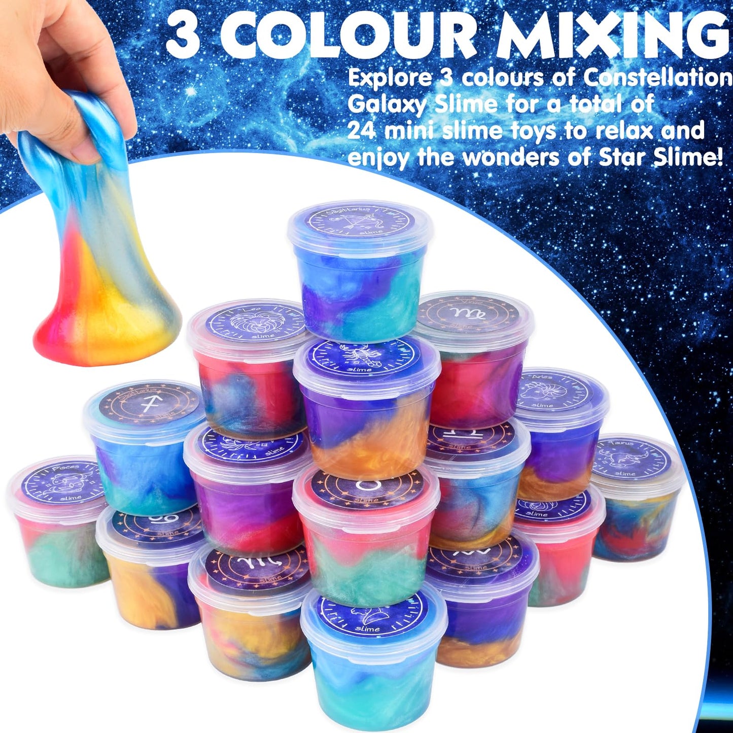 24 Pack Galaxy Slime Kit, Galaxy Slime Cup Party Favors for Girls Boys, 12 Constellations Series Mini Slime Bulk, Wet, Non-Stick
