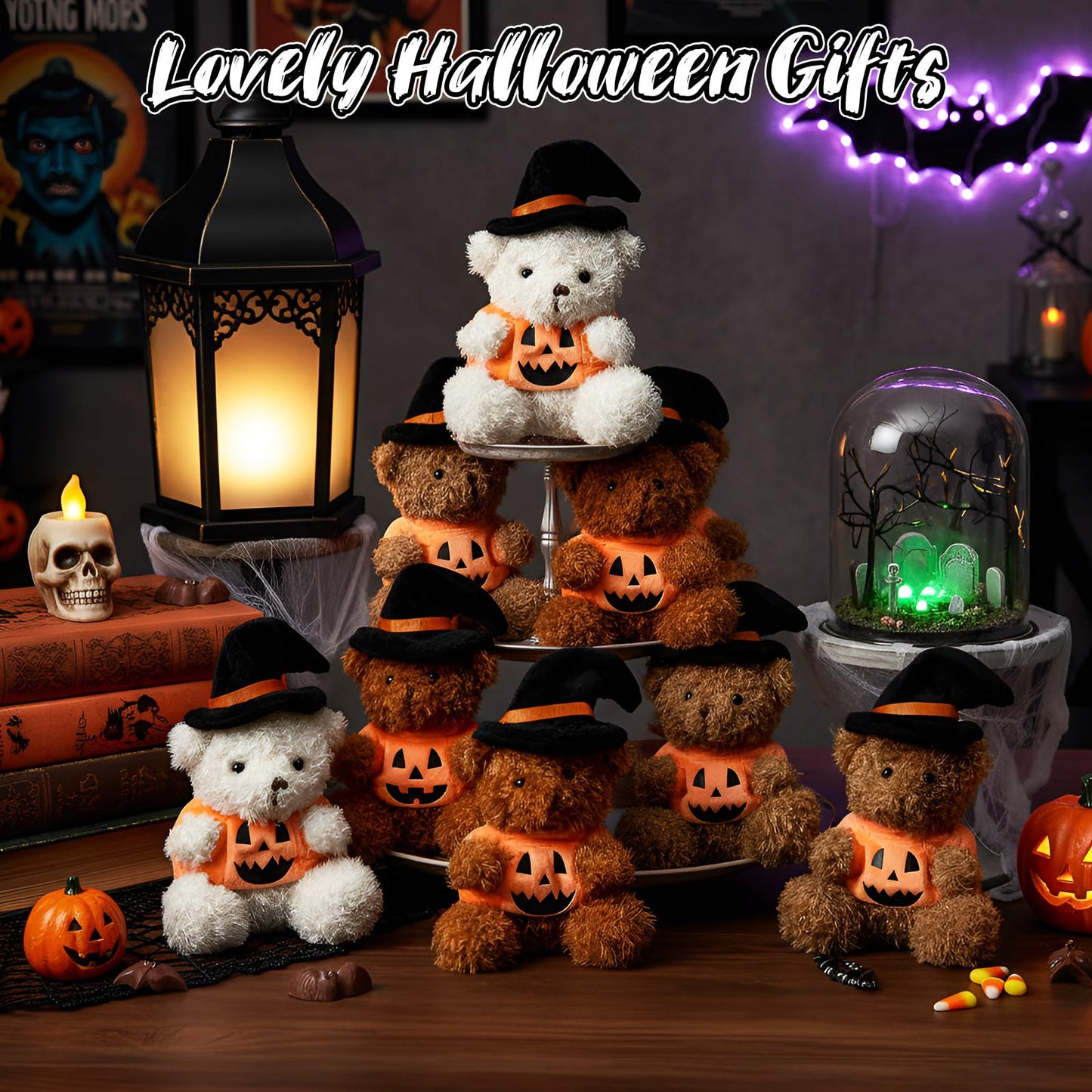 Liliful 20 Pcs Halloween Bear Bulk Mini Animals Bear with Pumpkin and Witch Hat Halloween Stuffed Gifts for Party Decorations