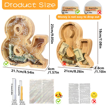 weallbuy Large Letter Piggy Bank for Kids Boys Girls Wooden Personalized Piggy Banks A-Z with Target Area Clear Alphabet Banknote Coin Banks for Gift Decoration Baptism (&)