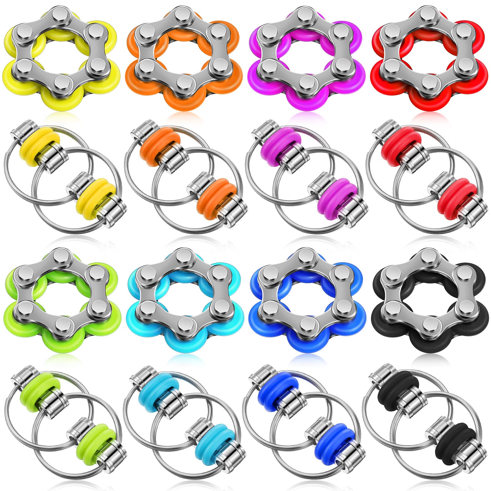 Chengu 16 Pcs Fidget Toys Set Include 8 Six Roller Chain And 8 Key Flippy Chain Stress Reducer Anxiety Relief Bike Toys For Teens Adults Adhd, Add, Autism (Bright)