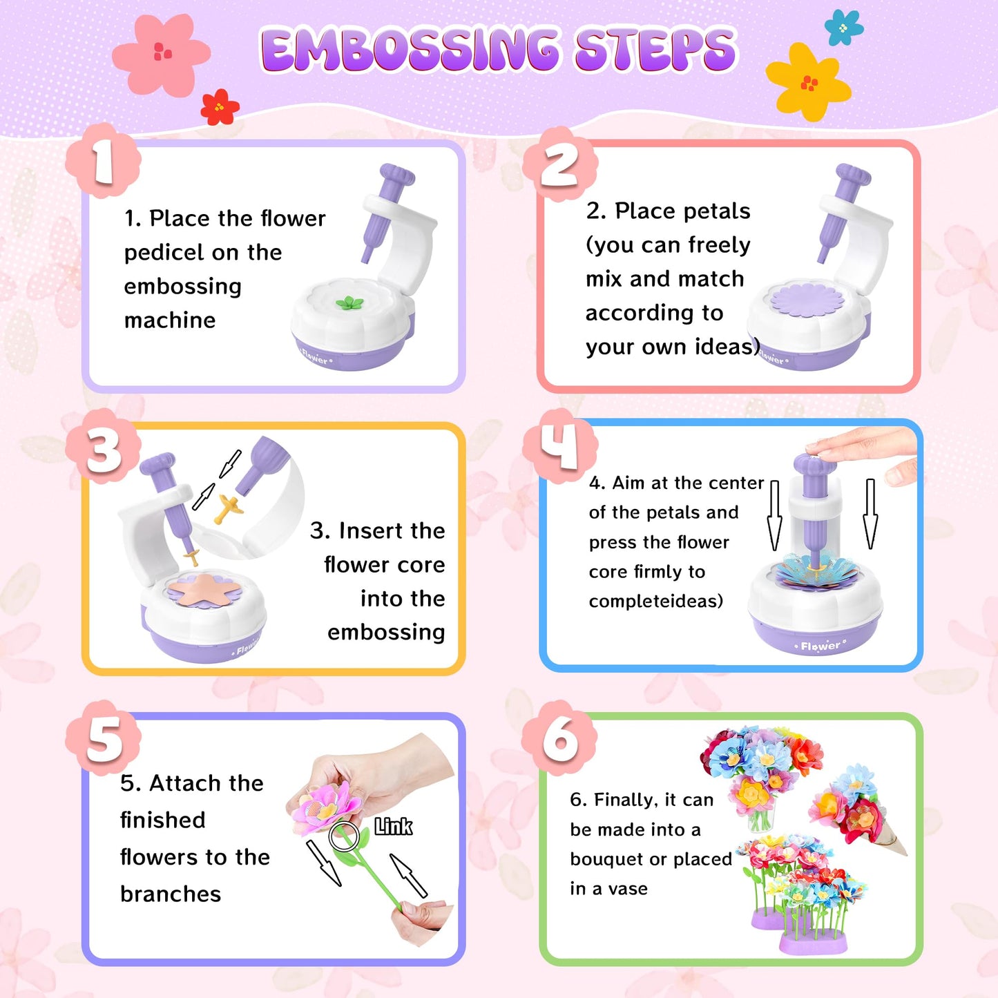 GirlsHome 300+PCS Fabric Flower Bouquets Toys, DIY Flower Crafts Kits for Kids, Arts and Crafts for Kids Ages 6-8 Girls, Build F