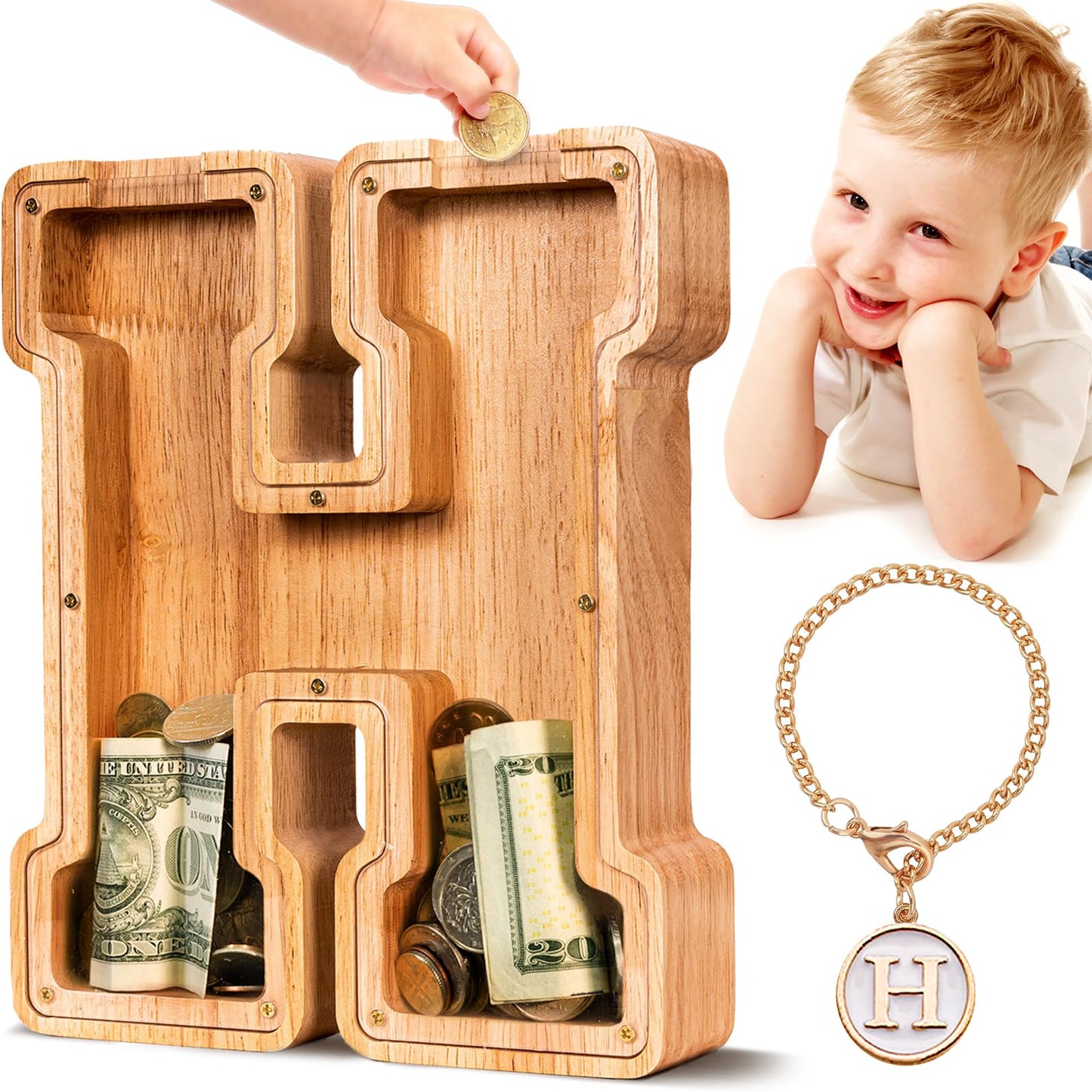 SummiDate Wooden Letter Piggy Bank| Piggy Bank for Boys Girls Toddler| Alphabet H Money Bank| Coin Bank Birthday Gift for Kids|Birthday Gift for Kids (H)