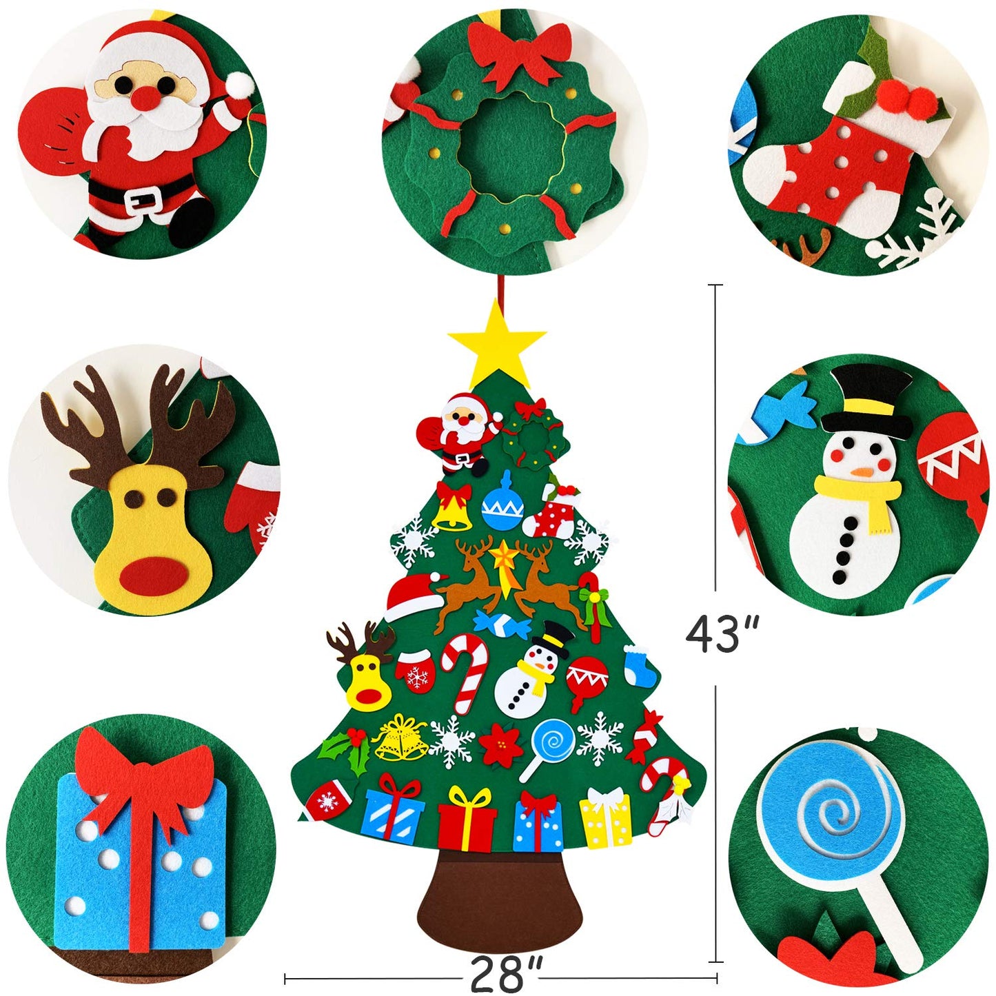 THAWAY DIY Felt Christmas Tree for Toddlers with 34 pcs Detachable Ornaments, Kids Door Wall Hanging Xmas Gifts Christmas Decora