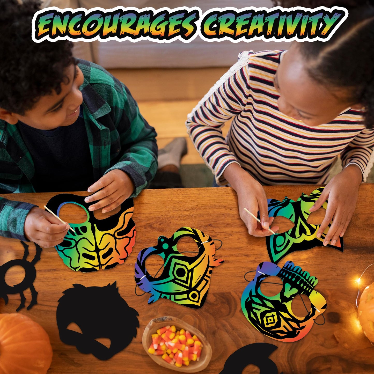 Halloween Scratch Masks for Kids - Set of 60 Halloween Scratch Art Masks - Includes Halloween Craft Masks, Elastic Strings, Wood