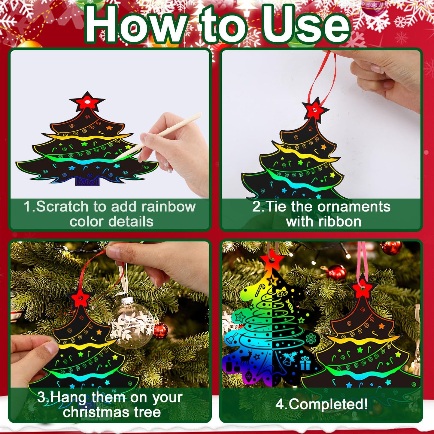 JULMELON 36 PCS Christmas Scratch Art, Christmas Crafts for Kids Magic Rainbow Scratch Paper Cards Christmas Tree Hanging Orname