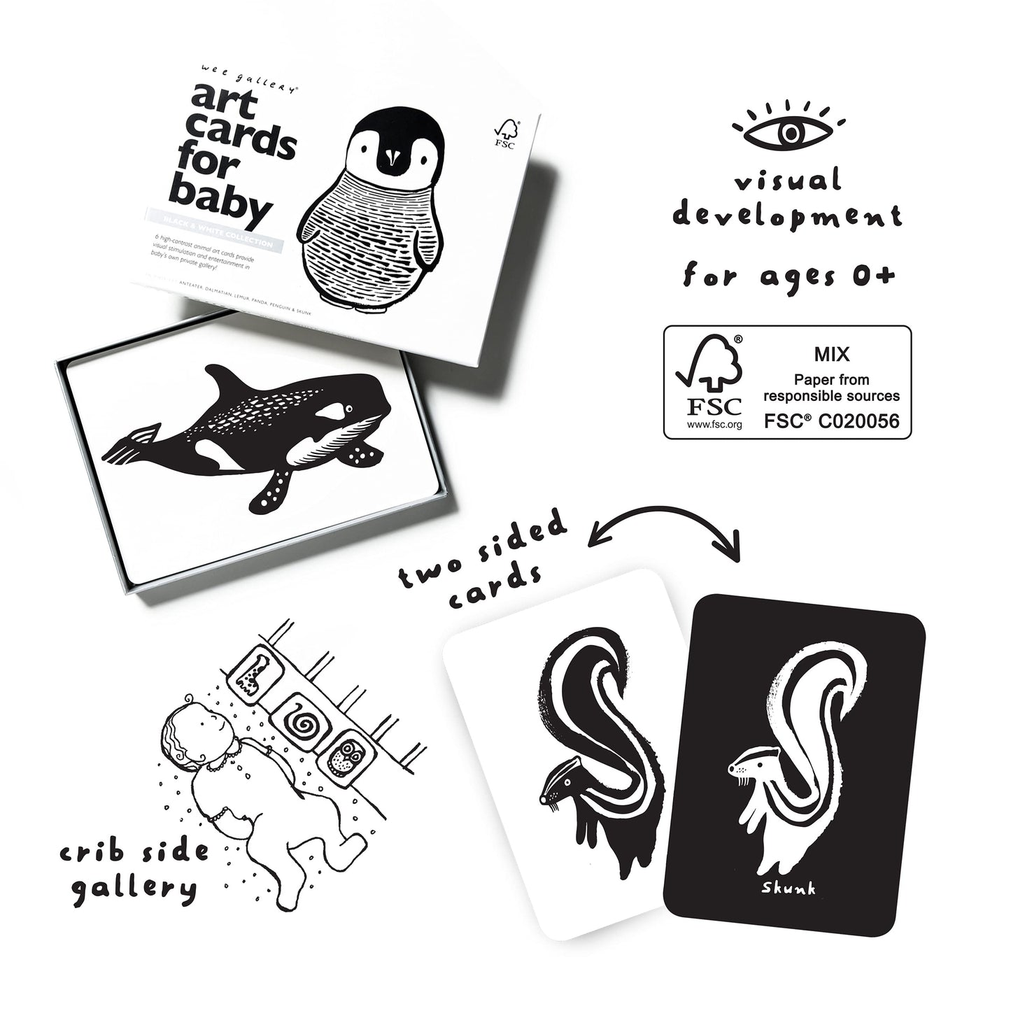 Wee Gallery Black And White Animal Art Cards For Babies, Durable High Contrast Vision Cards, Brain Development Educational Learning Tool For Newborn, Infant, Baby, Toddler - Black And White Animals