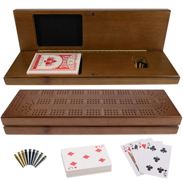 We Games Cribbage Board With Pegs - Cribbage Set Of Playing Cards & 9 Metal Pegs - Fun Family Game Night - Travel Cribbage Board, Walnut Stained
