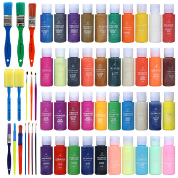Kids Tempera Paint Set | Value Pack Includes 40 Washable Non-Toxic Colorful Paints (2oz bottles) & 15 Brushes | Metallic, Neon,