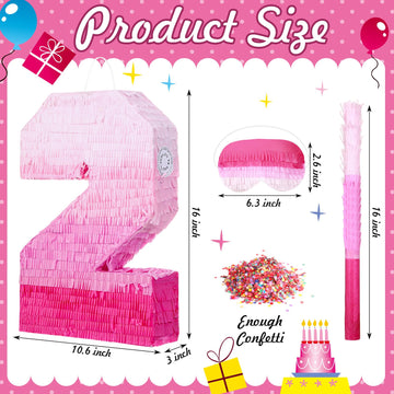 Sratte Number Piñata Number Birthday Piñata Decorations Gradient Pink Piñata With Stick Blindfold Confetti For Girls Boys Birthday Anniversary Party Decorations Supplies(Number 2)