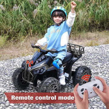 SOAR Remote Control 4 Wheeler for Kids, Black Electric ATV, 12V Battery, LED Lights, Music, High/Low Speed, Ages 3-6
