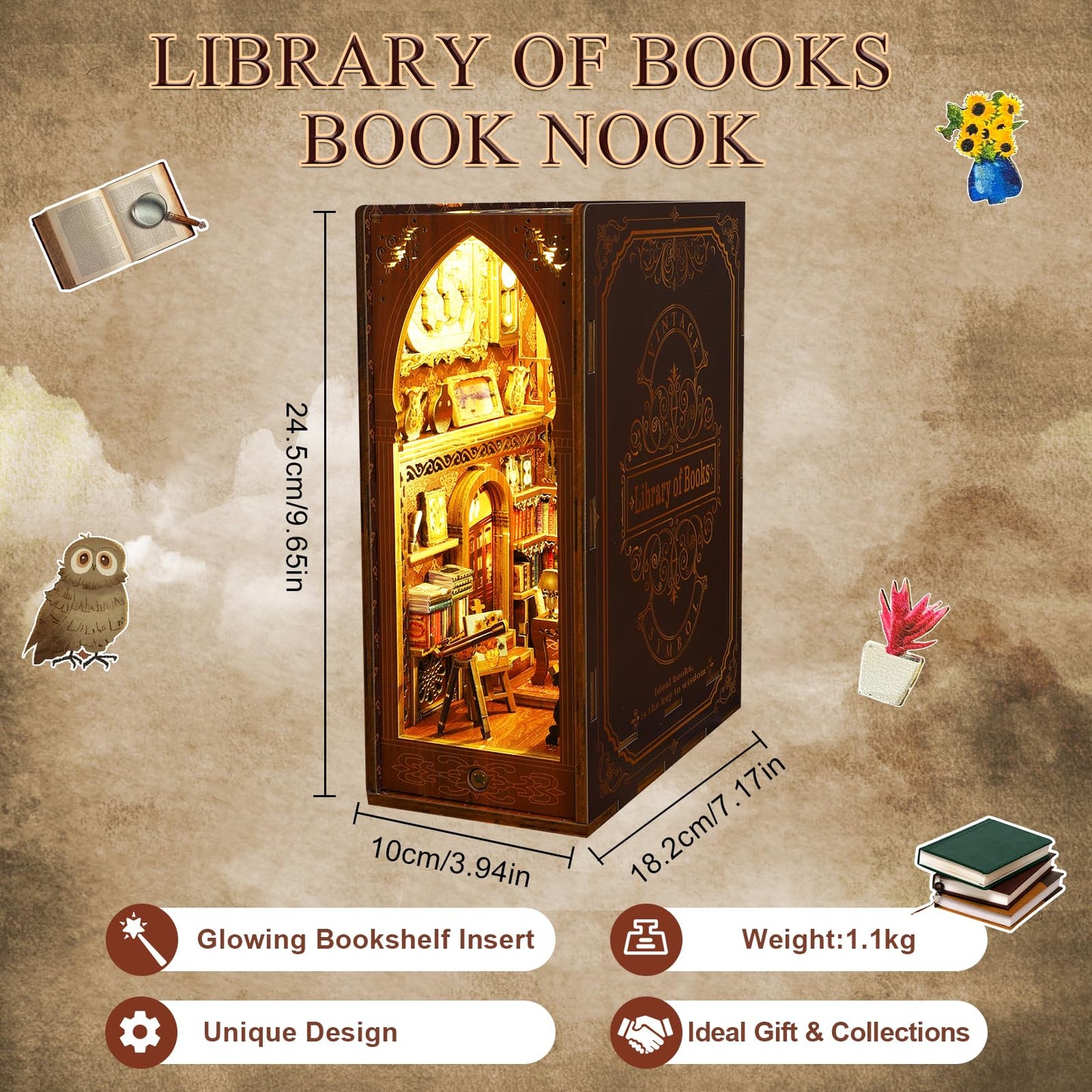 Criolpo Book Nook Kit - Diy Doll House Booknook, Book Nook Miniature Kit For Bookshelf Doll Houses For Adults Teen Halloween, 3D Wooden Puzzle Bookends With Sensor Led Light