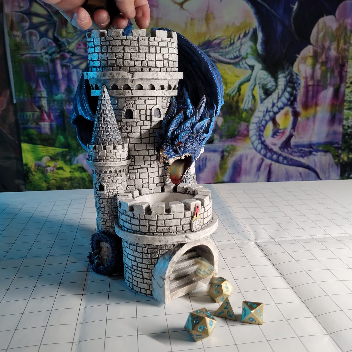 Forged Dice Co. Dragon’S Keep Dice Tower - Hand Painted Dice Rolling Tower Castle With Led Lights, Made From Heavy Duty Resin - Compatible With Dnd Accessories, D&D 5E, And Standard Rpg Dice (Blue)