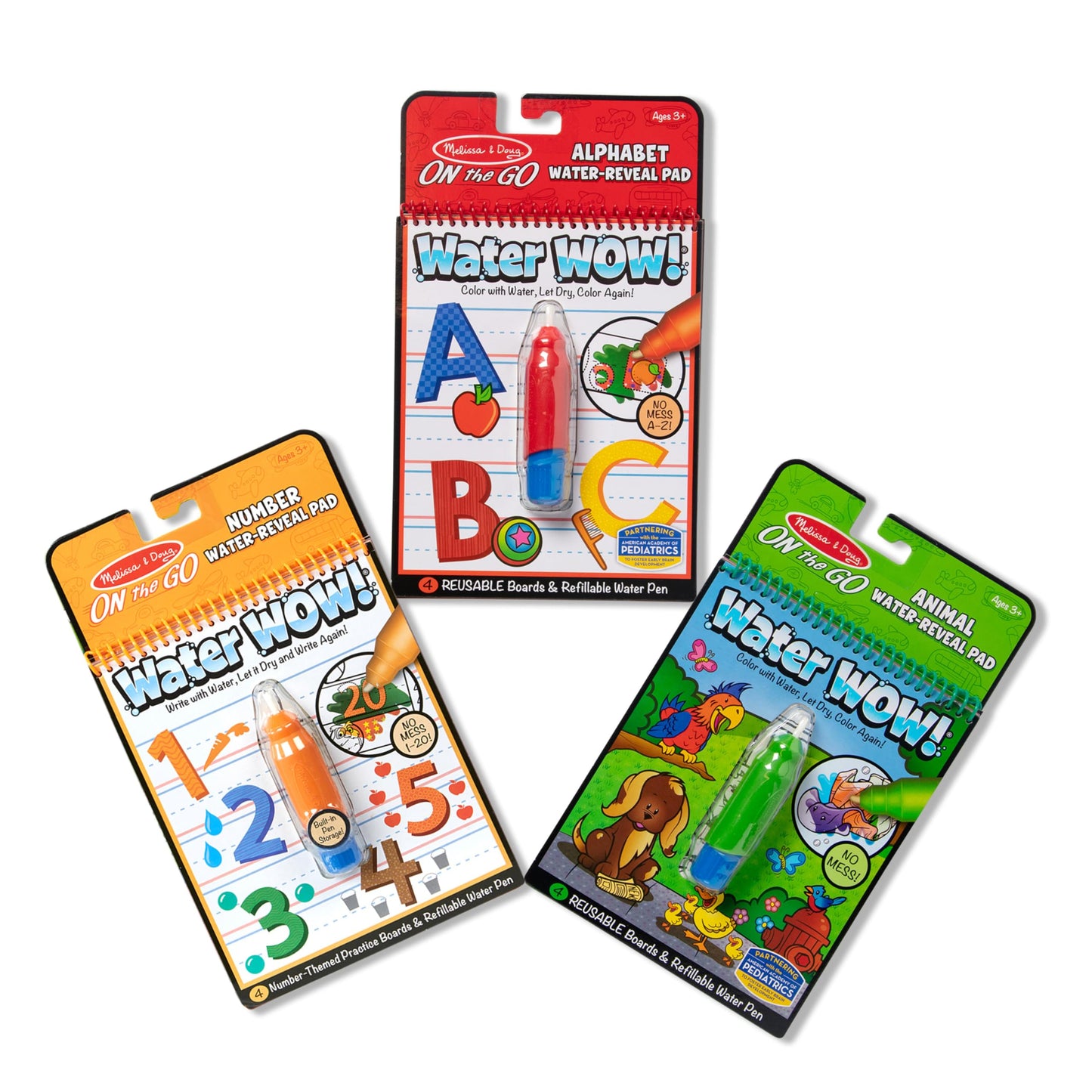 Melissa & Doug On The Go Water Wow! Reusable Water-Reveal Activity Pads, 3-pk, Animals, Alphabet, Numbers