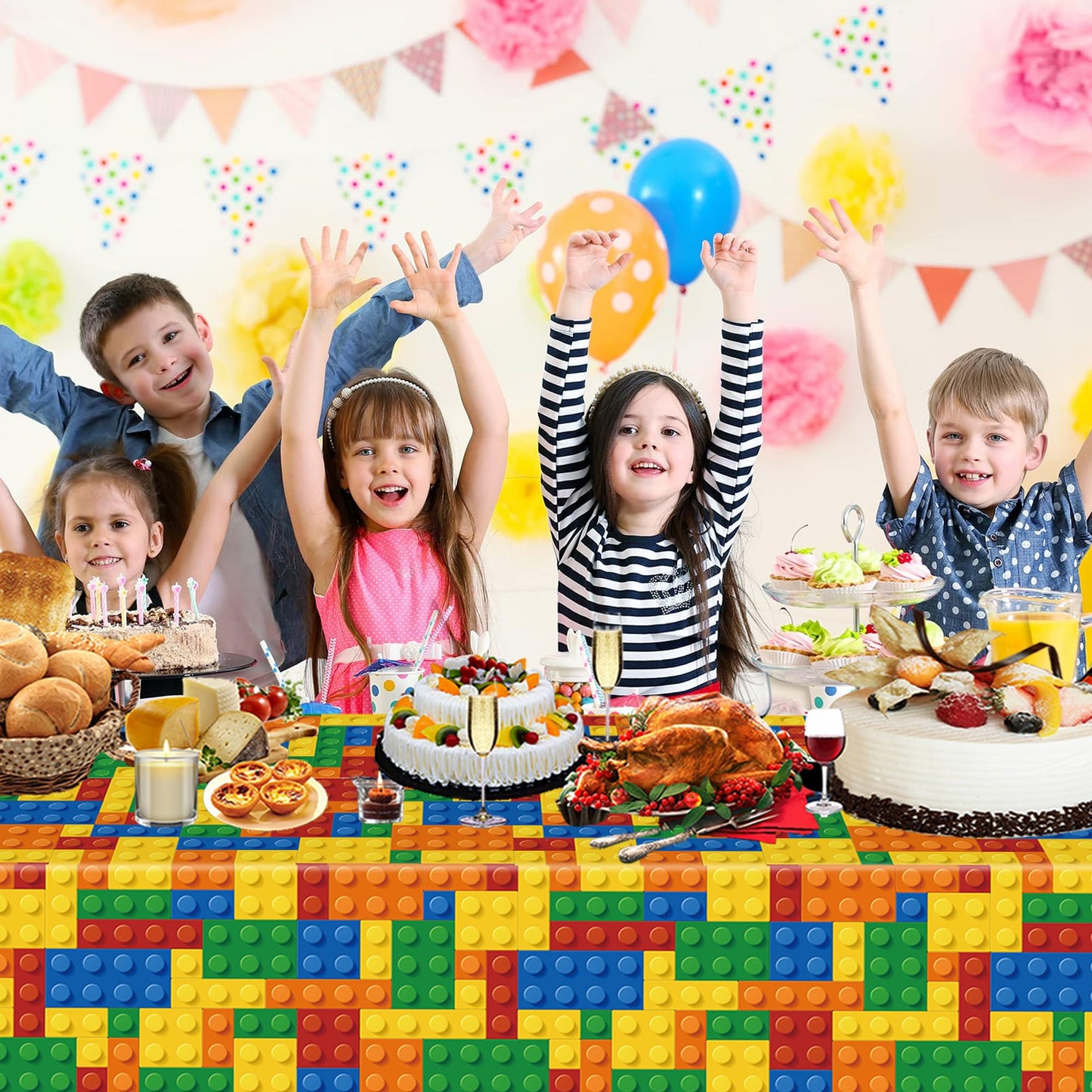 3Pcs Building Block Party Tablecloths For Boys Kids Colorful Building Plastic Table Cover Blocks Themed Birthday Party Supplies