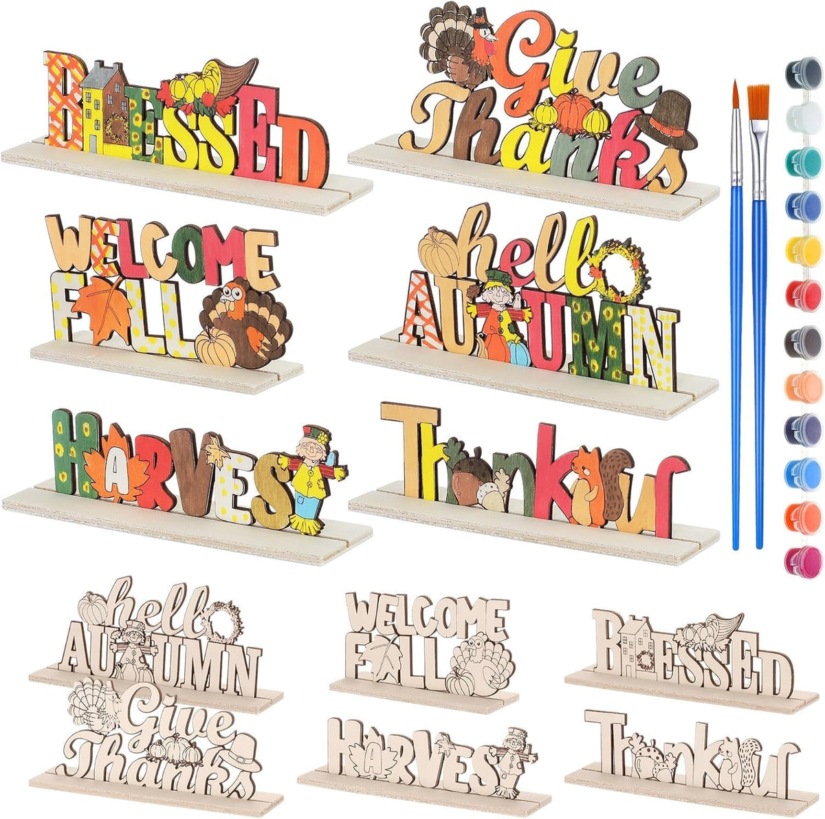 American Elm 6 Pcs Thanksgiving Crafts For Kids Diy Wooden Painting Kit Fall Decor Tabletop Signs For Home School Classroom Art 