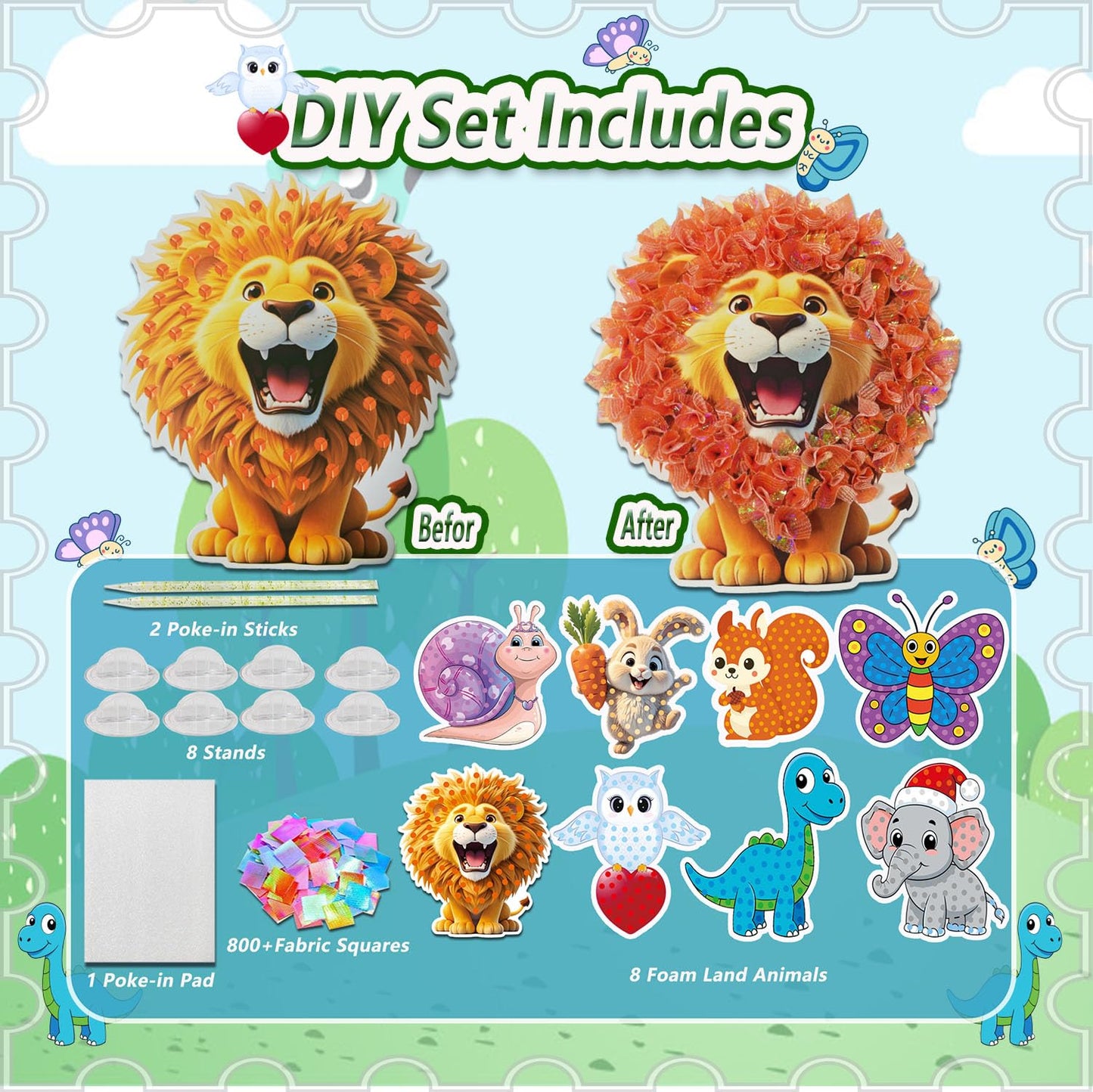 mom&myaboys Poke A Dot Art Kit - Animals Theme with Snail, Lion, Owl, Squirrel, Butterfly | No-Mess Sewing Craft for Kids Ages 4