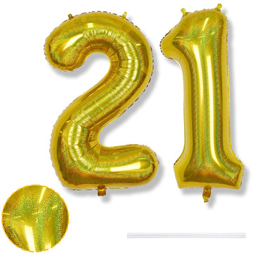 21St Birthday Balloons For Men, Large Laser Gold Foil Number 2 & 1 Balloons, Mylar Globos Dorados Self Inflating Helium 21 Ballo