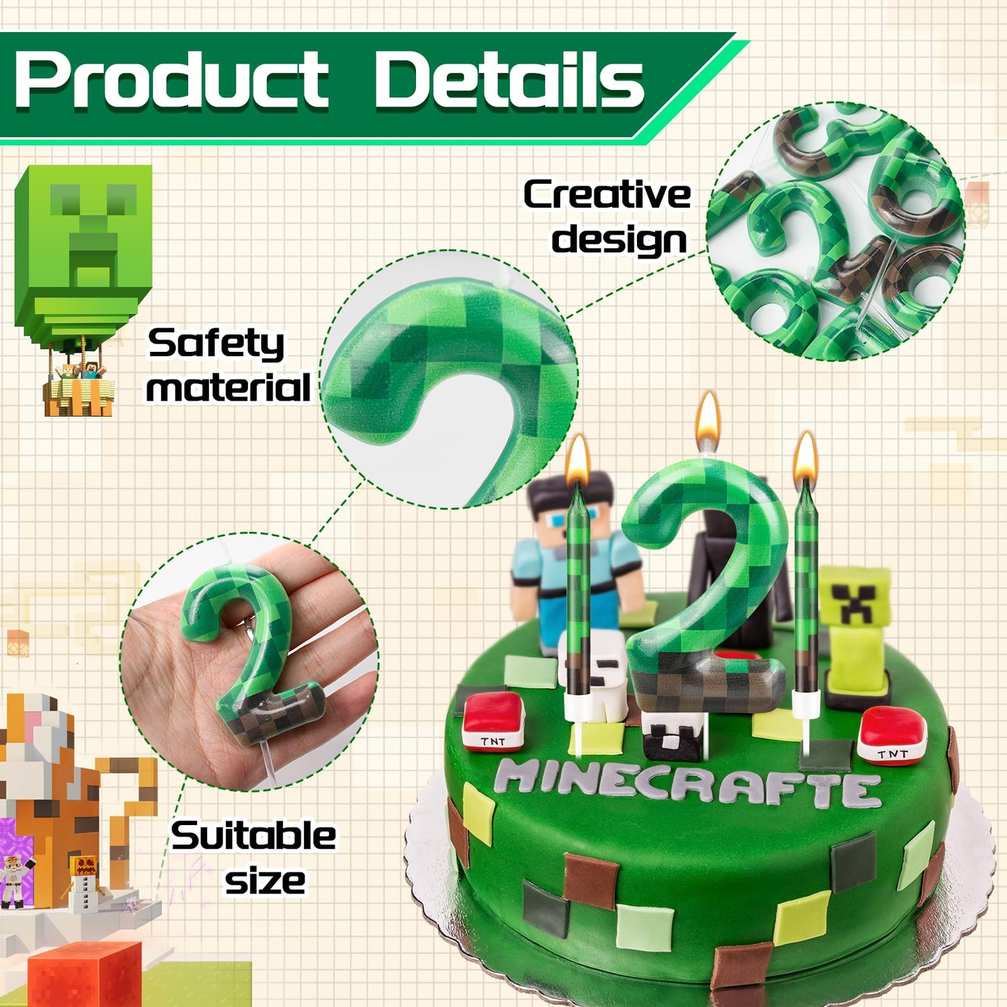 13 Pcs Dynamite Candles 12 TNT Themed Birthday Cake Candles and Number 2 Candle Cake Topper for Pixel Theme Birthday Party Anniv