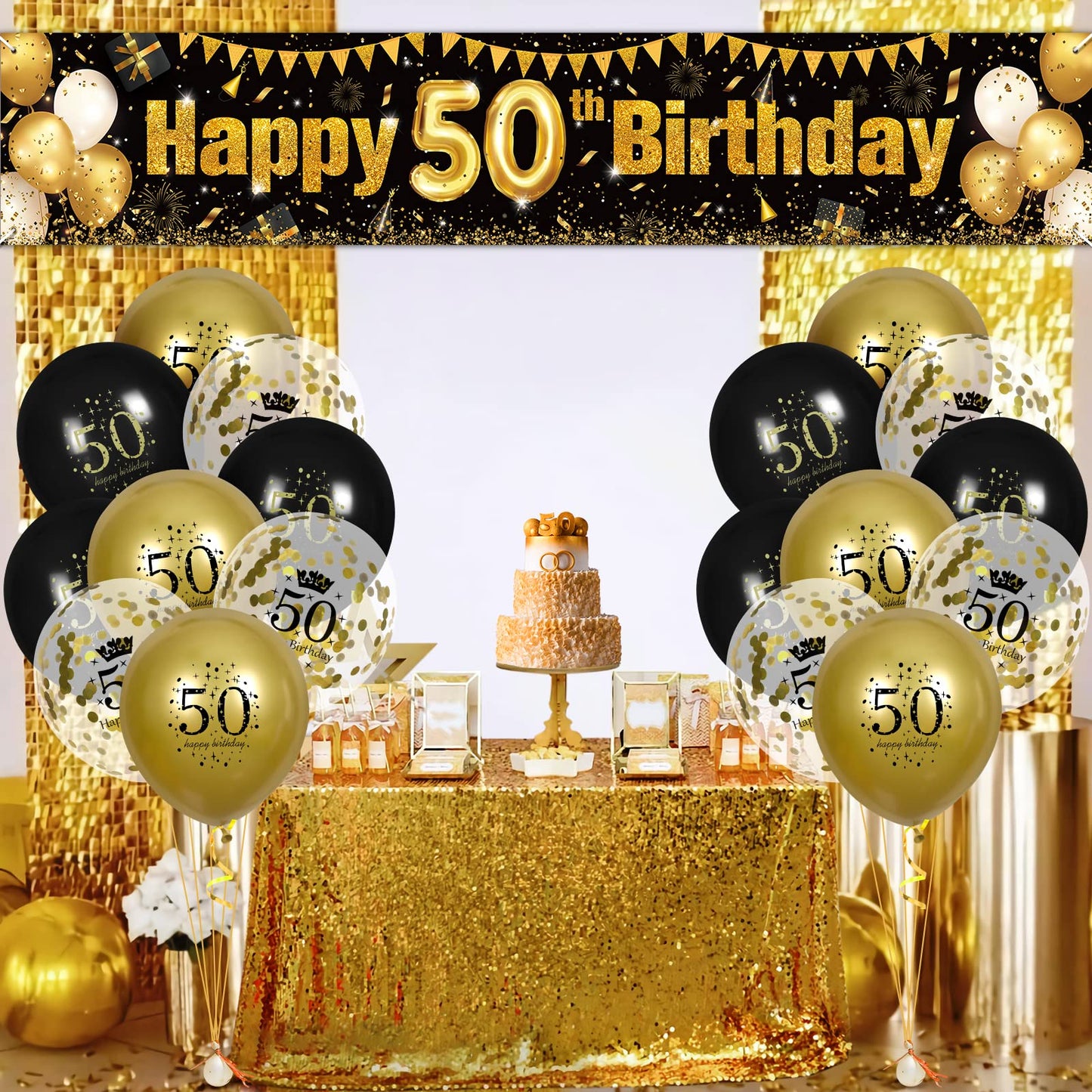 50Th Birthday Decorations For Men Women Black And Gold, Black Gold Birthday Yard Banner And 18 Pcs 50Th Happy Birthday Balloons For 50Th Anniversary Birthday Party Supplies Indoor Outdoor Yard Decor