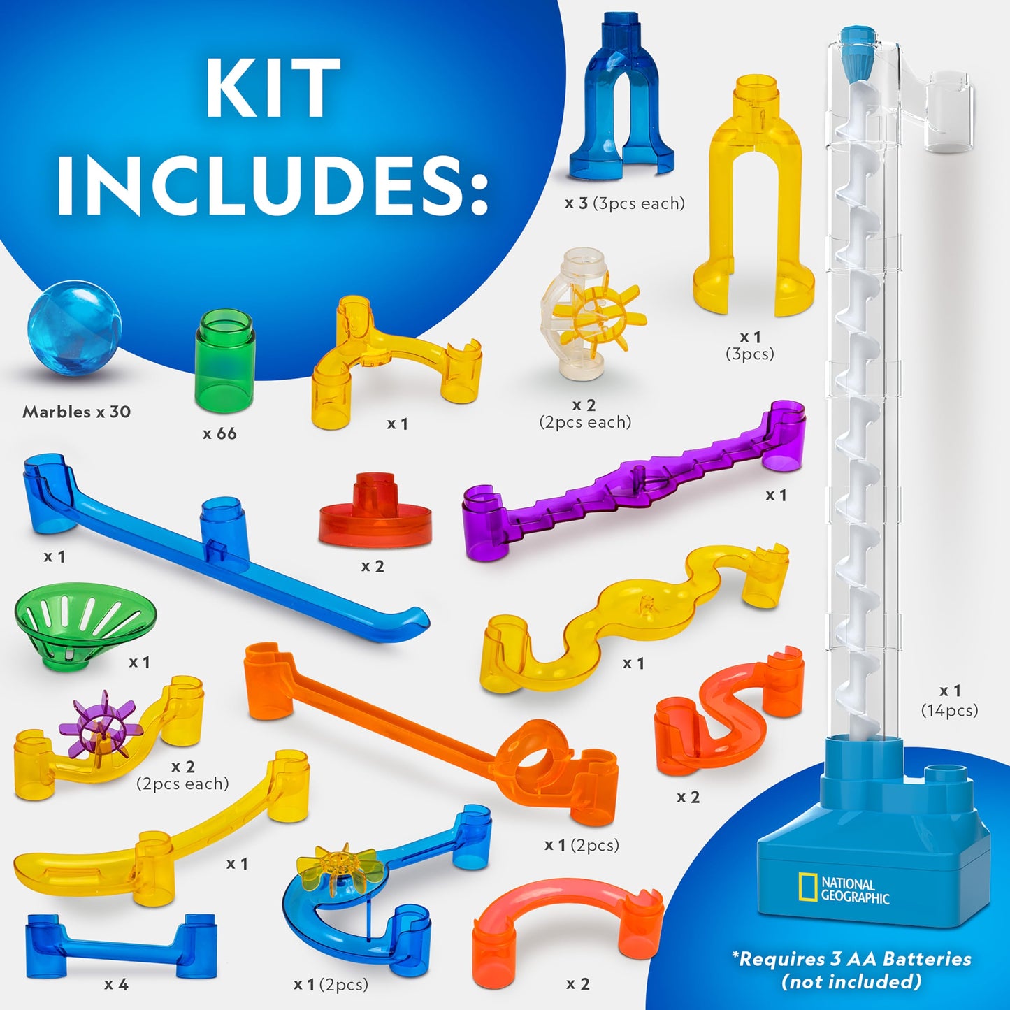 National Geographic Marble Run With Motorized Elevator - 150-Piece Marble Maze Kit With Motorized Spiral Lift, 30 Marbles, Stora