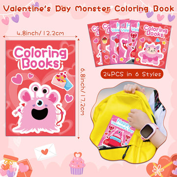 JAPBOR Valentines Day Coloring Book - 24PCS Mini Valentine Monster Color Books Bulk for Party Favors, Sweet Romantic Themed Sma