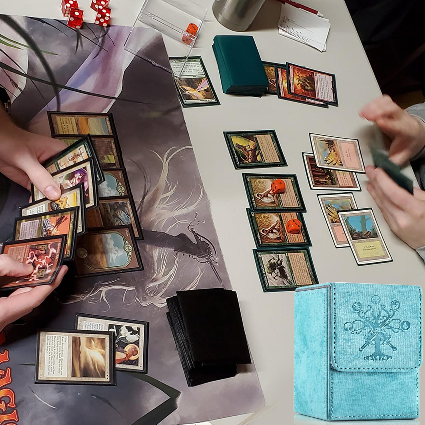 PROMAXIBINDER MTG Card Deck Box  Commander Deck Box Fits 100+ Single Sleeved Cards  Storage for TCG/MTG Crads  PU Leather Strong Magenet (Sky Blue  Tree)