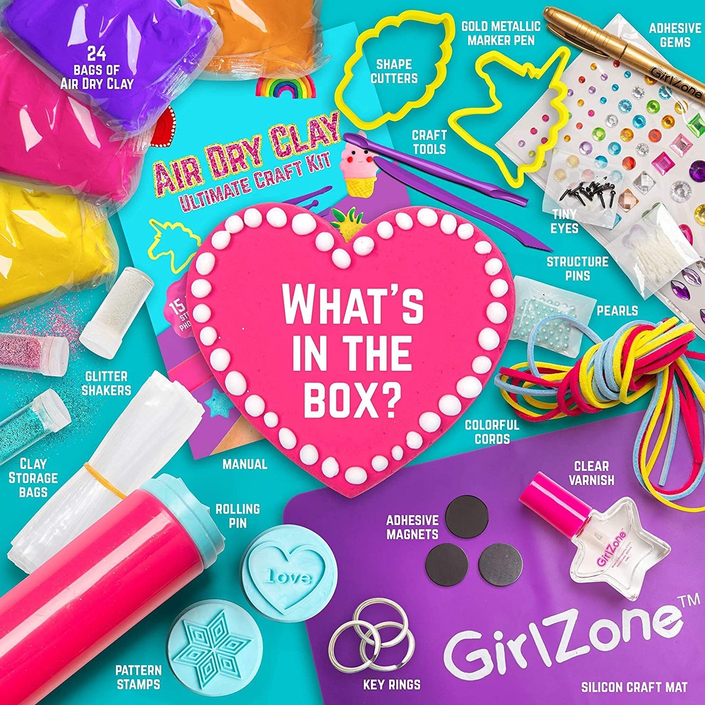 Girlzone Air Dry Clay Ultimate Craft Kit, Over 100 Piece Kids Modeling Clay Set, Air Dry Clay For Kids With No Baking Required, Arts & Crafts For Girls Age 3+ (Regular Size)