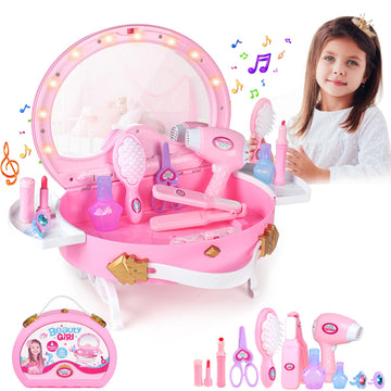 Little Princess Toddler Vanity Set, Portable Makeup Kits With Lights And Music & Real Mirror & Multiple Accessories, Best Birthd
