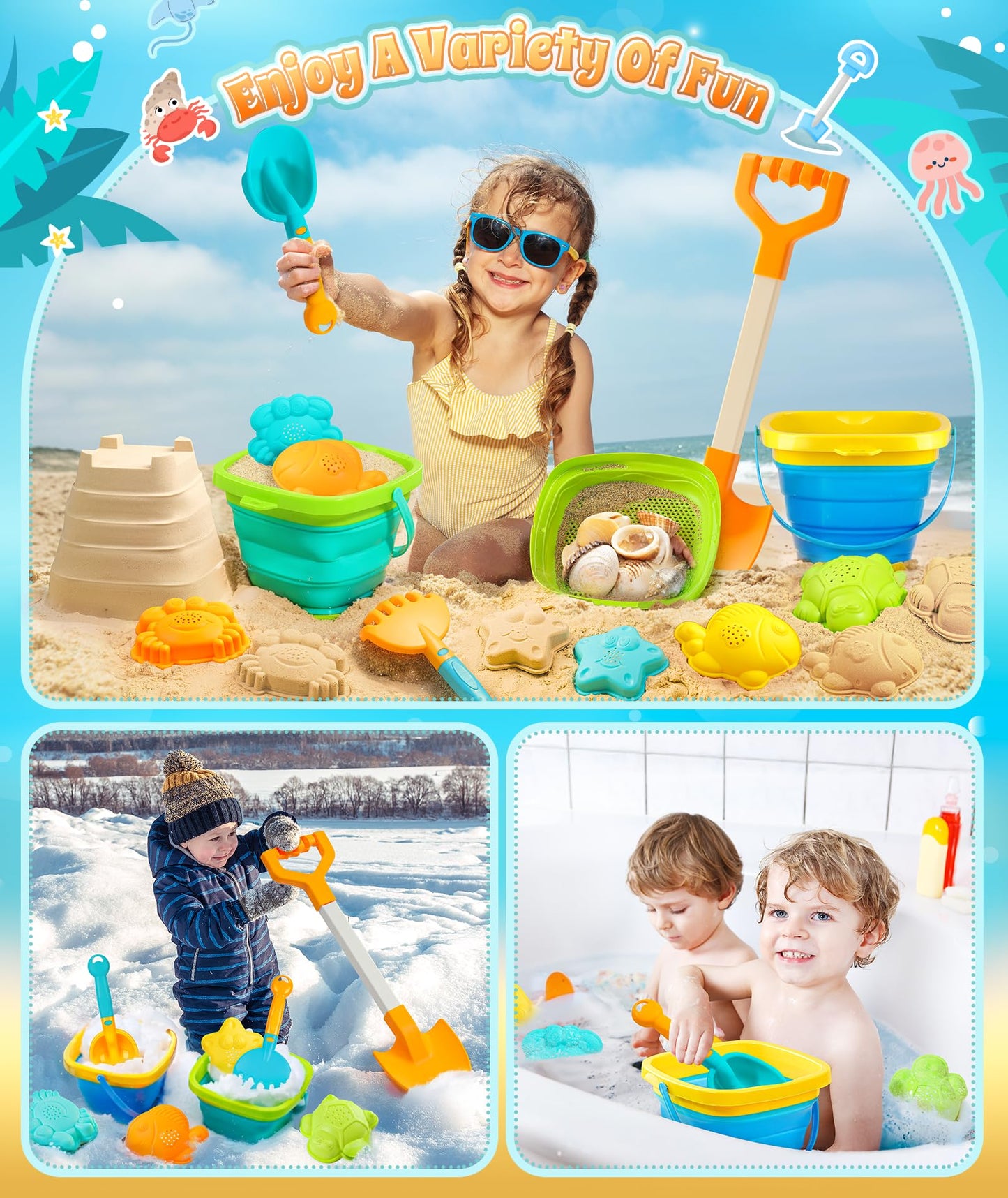 Duducofu Collapsible Beach Sand Toys For Kids Toddlers, Collapsible Sand Bucket With Sifter Shovels Set With Mesh Bag And Sand M